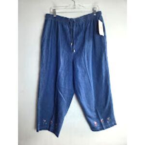 NWOT Capacity Women Blue w/Floral Embroidery 100% Cotton Pull On Ankle Jeans XL